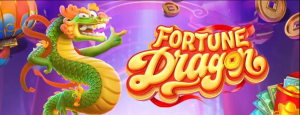Arte conceitual de Fortune Dragon com dragão dourado e tesouros.