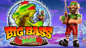 Tela de jogo de Big Bass Christmas Bash com símbolos natalinos e cenário de inverno.