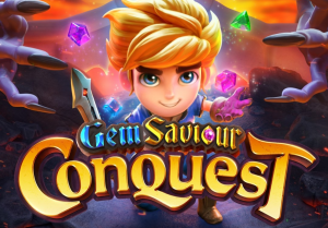 Herói segurando uma gema mágica no cenário épico de Gem Saviour Conquest.