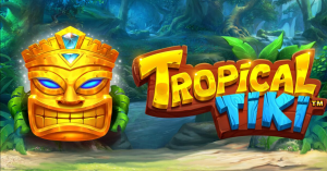Rodadas de Tropical Tiki com símbolos empilhados de máscaras e frutas tropicais.